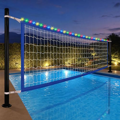 15 x 3 FT LED Pool Volleyball Net Replacement - Adjustable Strap Length 15-31 Ft for Inground Pools, Light Up Water Volleyball Net for Teens/Adults/Family Pool Backyard Party Game