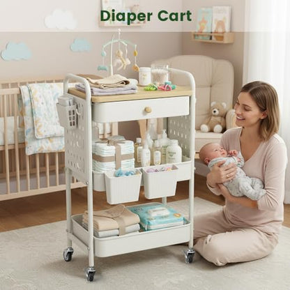 danpinera Rolling Utility Cart with Drawer, 3 Tier Rolling Cart with Wheels, Hooks & Hanging Cups, Craft Cart Art Cart Snack Cart Rolling Storage Cart with Wooden Table Top & DIY Pegboards, White - color: White, size: with pegboards