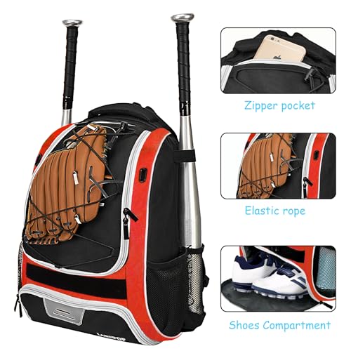 LARIPOP Youth Baseball Bag, Bat Backpack with Fence Hook & Separate Shoe Compartment, Waterproof Equipment Bag for Baseball, T-Ball & Softball - color: Red
