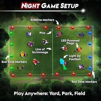 GloFlag Football – Light Up Game Set for Kids | Ages 8-12+, 4-16 players | LED Flags, Belts, Glow in the dark ball, bright field markers | Toys & Gifts for Boys 8–12+ | Play Day or Night | By Starlux