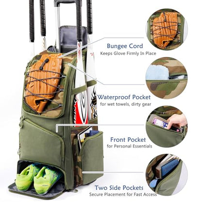 Large Rolling Baseball Catchers Gear Bag with Wheels, Softball Bag with Hard Backing for 4 Bats,Equipment Bag with Separate Shoe & Helmet Compartments, Youth Baseball Bag with 360° Spinner Wheels - color: Green Camo, size: Style A - Integrated Rolling Sys