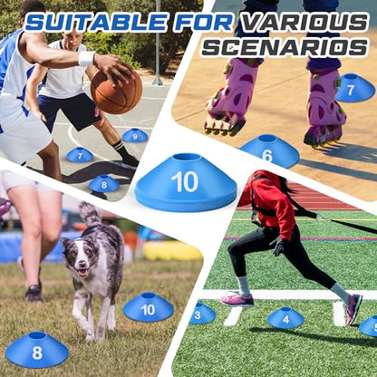 10 Pcs Numbered Sports Disc Cones 1-10 Soccer Cones with Mesh Carry Bag Flexible Agility Cones Soft Field Cones for Gym PE Classes School Activities Games, Sports Training Equipment - color: Blue