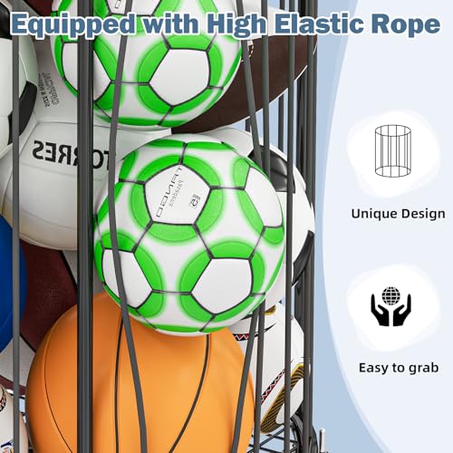 Hencawima Garage Ball Storage: Round Sports Equipment Organizer with Wheels, Sports Ball Rack With Elastic Rope, Ball Holder for Basketball, Soccer, Volleyball, Football, Garage, Gym, Outdoor (Black)