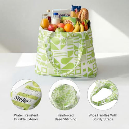 Stelle Lightweight Reusable Grocery Bag with Handles Ripstop Nylon Foldable Tote Shopping Bags for Travel and Groceries - color: Green Geometry