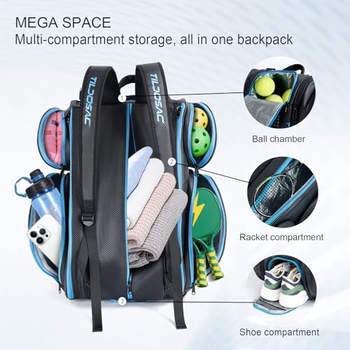 TILDOSAC 2-in-1 Detachable Pickleball & Padel Bag for Men Women | Thermal Foil Insulated Racket Compartment | Outdoor & Gym - color: Black Blue