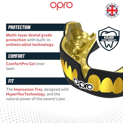 OPRO Instant Custom-Fit Mouthguard – Dentist Level Gum Shield Adult and Kids – OPRO Mouth Guard Boxing and MMA, Self-Fit Gum Shield Rugby – Maximum Protection with Dental Warranty (Black/Gold/Gold) - color: Gold Teeth - Black/Gold/Gold, size: Adult (10+)