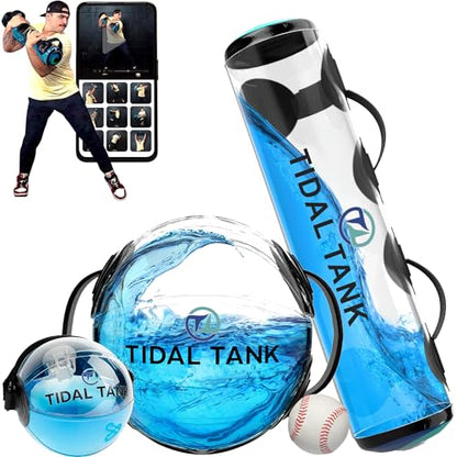 Tidal Tank Baseball Bundle 2.0: Versatile Training aid Equipment with Adjustable Water Filled Weight & Aqua Bag for Athletes and Coaches - 49 lbs Tube + 55 lbs Sphere + 10 lbs Hydroball