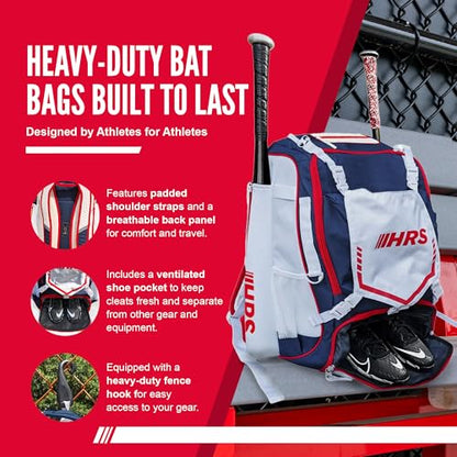 Hit Run Steal Bat Bag Backpack, Holds 4 Bats, Gloves, Helmet, and Cleats, Red, White & Blue
