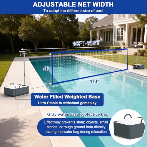 Pool Volleyball Net Set with Bright LED Lights, Solar Volleyball Net with 15-32FT Adjustable Length for Inground Pools, Water Volleyball Net with 2 Balls & Pump for Swimming Pool Party & Games