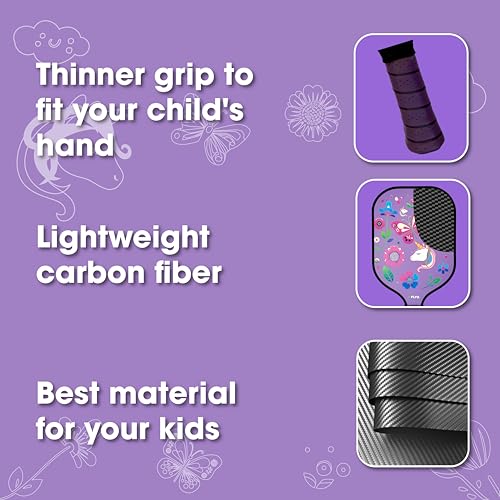 FLYE Kids Carbon Fiber Pickleball Paddle Set With Bag and Ball - Mini Training Paddle for Youth - Dinosaur, Flower, and Sharks Designs
