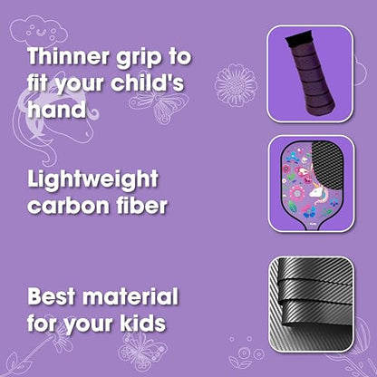 FLYE Kids Carbon Fiber Pickleball Paddle Set With Bag and Ball - Mini Training Paddle for Youth - Dinosaur, Flower, and Sharks Designs