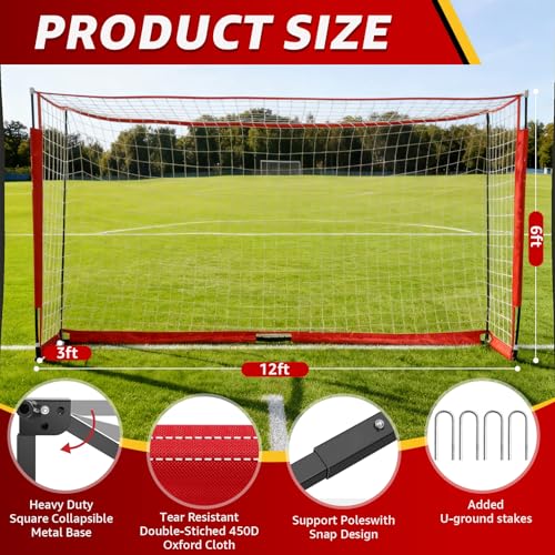 Soccer nets for Backyard, 12X6FT Soccer Net Easy Setup, Portable Soccer Goals for Backyard with Upgraded Collapsible Metal Base, Outdoor Indoor Soccer Goal Net for Practice with Carry Bag