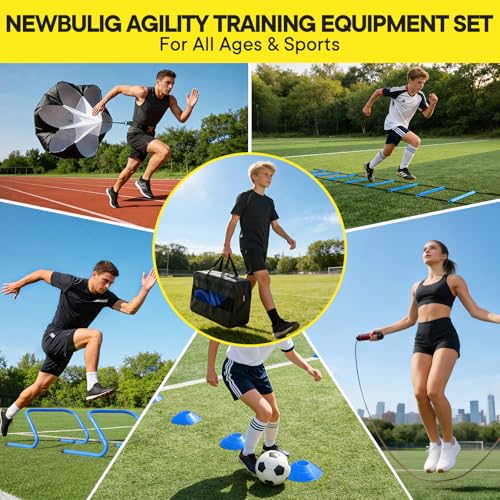 Agility Ladder Speed Training Equipment Set-20ft Ladder,12 Cones, 4 Adjustable Hurdles, Jump Rope, Resistance Parachute| Soccer,Basketball, Football Practice Equipment for Youth, Adults - color: Blue, size: 17.16"*5.61"*13.21"