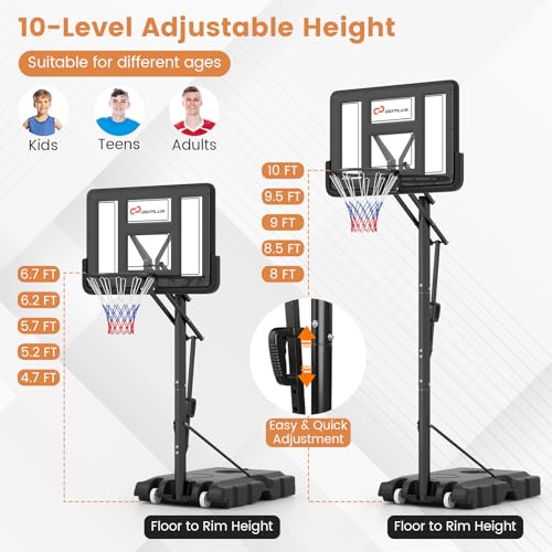 Goplus Portable Basketball Hoop Outdoor, 10FT Basketball Goal w/ 44'' Shatterproof Backboard, Easy Adjust Height, Fillable Base, Free Weight Bag for Teens Adults Driveway Backyard - style: 8-10FT, 5-Level