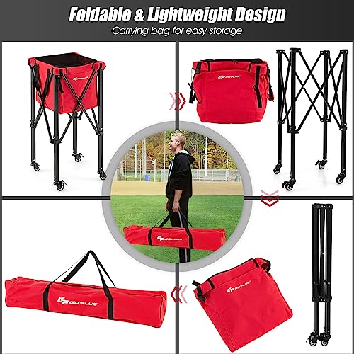 Goplus Foldable Tennis Ball Hopper, Lightweight Aluminum Tennis Ball Basket with Wheels, Removable Bag, Side Pockets, Carry Bag, Portable Sports Teaching Cart Holds 150 Tennis Balls