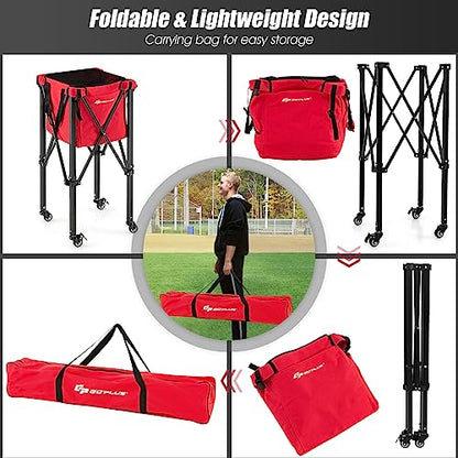 Goplus Foldable Tennis Ball Hopper, Lightweight Aluminum Tennis Ball Basket with Wheels, Removable Bag, Side Pockets, Carry Bag, Portable Sports Teaching Cart Holds 150 Tennis Balls