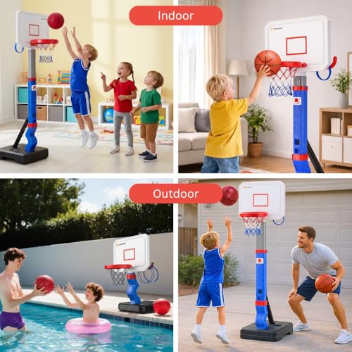 Toddler Basketball Hoop with Ring Toss, Height Adjustable Indoor & Poolside Outdoor Kids Basketball Hoop Set with Mini Balls, Rings, Pump, & Stable Base Game Sport Toys for Boys & Girls Age 1-5
