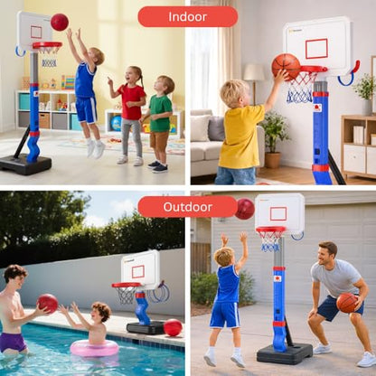 Toddler Basketball Hoop with Ring Toss, Height Adjustable Indoor & Poolside Outdoor Kids Basketball Hoop Set with Mini Balls, Rings, Pump, & Stable Base Game Sport Toys for Boys & Girls Age 1-5