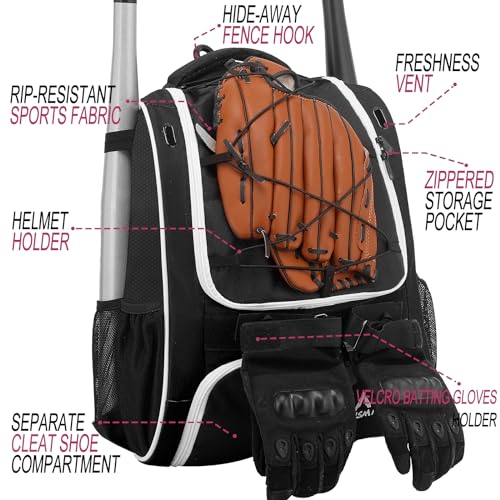 Hsmihair Baseball Bag-Baseball Backpack Holder for Baseball, Large Main Compartment,Softball Tball& Gear for Youth and Adults