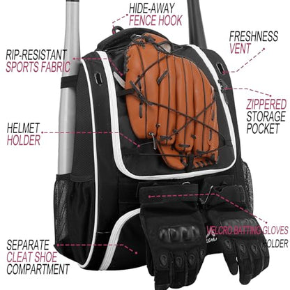 Hsmihair Baseball Bag-Baseball Backpack Holder for Baseball, Large Main Compartment,Softball Tball& Gear for Youth and Adults