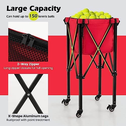 Tennis Ball Hopper Cart with Wheels, Portable Tennis Ball Basket Holds 150 Balls, Collapsible Aluminum Tennis Basket for Balls Pickup, Pro Sports Teaching Cart for Tennis Pickleball Baseball