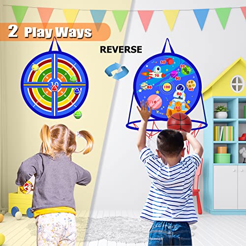 2 in 1 Basketball Hoop and Dart Board, 14" Dart Board for Kids, Basketball Hoop for Kids Toddlers, Sports & Outdoor Play, Birthday Gift Toys for 3 4 5 6 7 8 9 10 Year Old Boys Girls Kids, Party Favors - style: 2 in 1 Blue Outer Space Theme