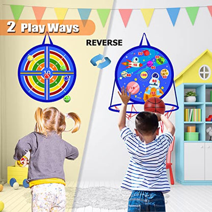 2 in 1 Basketball Hoop and Dart Board, 14" Dart Board for Kids, Basketball Hoop for Kids Toddlers, Sports & Outdoor Play, Birthday Gift Toys for 3 4 5 6 7 8 9 10 Year Old Boys Girls Kids, Party Favors - style: 2 in 1 Blue Outer Space Theme