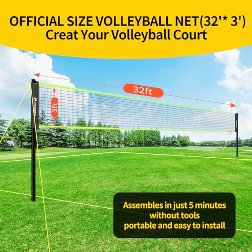 32ft Portable Outdoor Volleyball Net Set for Backyard Beach with Adjustable Poles, Durable, Soft PU Volleyball & Pump, Carry Bag - Easy Set Up & Durable