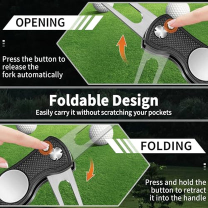 Golf Divot Repair Tool - Foldable Golf Repair Kit with Sturdy Handle & Magnetic Pop-up Button Ball Marker - color: black