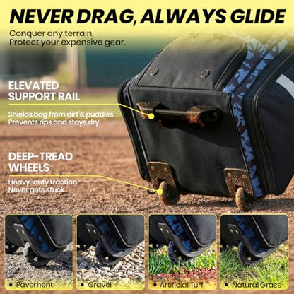 100L Rolling Catchers Gear Bag for Baseball Softball, Tactical Strike Edition, Fits Full Set & 8 Bats, All-Terrain Wheels, Stand-Up Base, Vented Shoe Zone, Reflective Strip, Fence Hooks