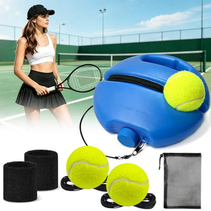 Tennis Trainer Rebound Ball Set, Tennis Practice Rebounder with 3 String Balls, Sports Wristband & Mesh Bag, Portable Solo Tennis Training Equipment for Indoor Outdoor Sport