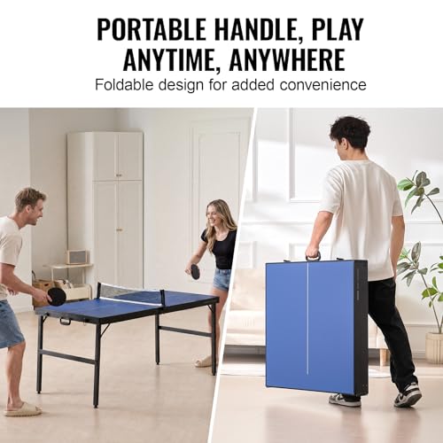 VEVOR Ping Pong Table, Mid-Size Table Tennis Game, Indoor MDF Table Tennis Table, Foldable Portable Complete Ping Pong Table Set with Net, 2 Paddles, 3 Balls, Carry Bag, Handle (No Assembly Required)