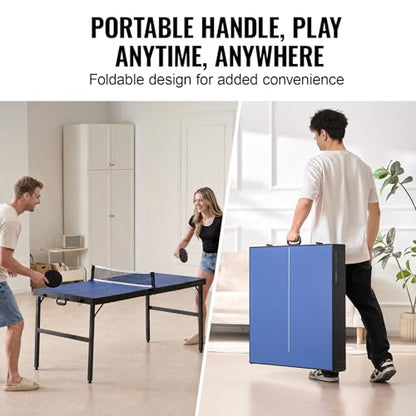 VEVOR Ping Pong Table, Mid-Size Table Tennis Game, Indoor MDF Table Tennis Table, Foldable Portable Complete Ping Pong Table Set with Net, 2 Paddles, 3 Balls, Carry Bag, Handle (No Assembly Required)