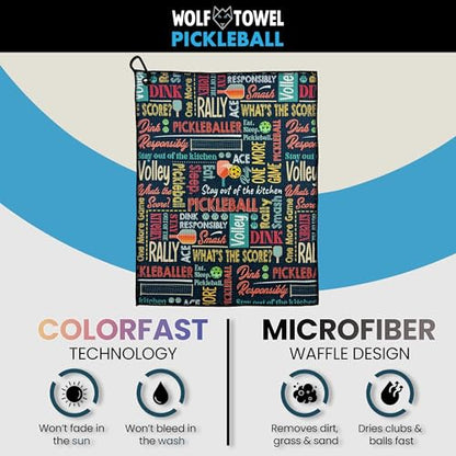 Wolf Golf Towels Pickleball Towel | Pickleball Gifts | Paddles, Balls and Phrases | Sport Towel | Retirement Gift - color: Phrase Collage