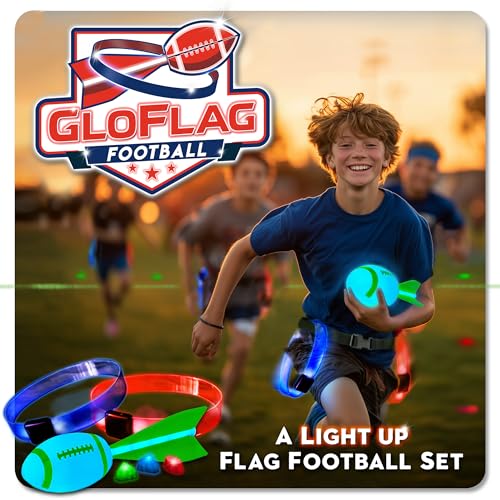 GloFlag Football – Light Up Game Set for Kids | Ages 8-12+, 4-16 players | LED Flags, Belts, Glow in the dark ball, bright field markers | Toys & Gifts for Boys 8–12+ | Play Day or Night | By Starlux
