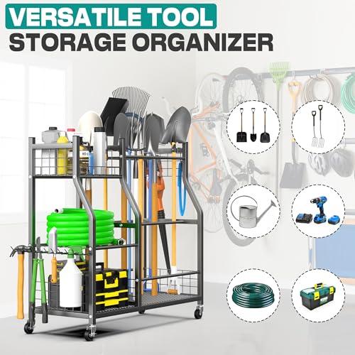 EVERHANGER Garden Tool Organizer Stand, Garage Tool Storage Organization, Yard Tool Racks with lockable wheels, Fit for Long-Handled Tools/Rakes/Brooms - size: Large