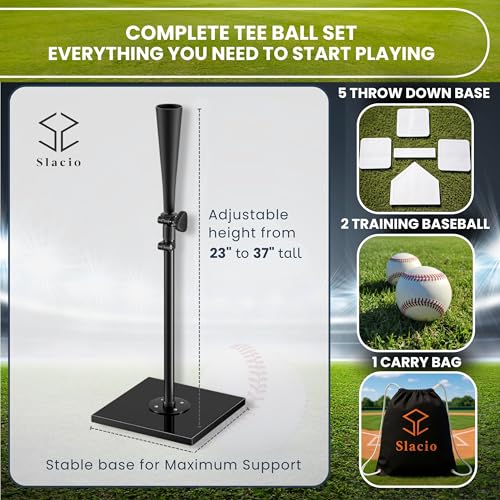 Tee Ball Set with Adjustable Batting Tee 23–37 Inch, Complete Baseball Practice Bundle with 5 Throw Down Bases, 2 Soft Core Balls & Carry Bag