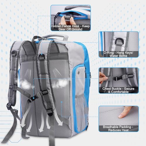 Pickleball Backpack, 3+Paddle Capacity, Pickleball-specific Shockproof Thermal Pockets, Waterproof Shoe Compartment, Wet Dry Separation, Fence Hook, Fits Standard/Extended Paddles - color: Blue