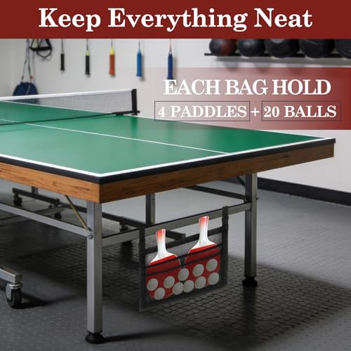 Klmnop 2 Pack Ping Pong Paddle Storage Bag with Mesh Organizer, Hanging Under Table Tennis Racket Holder for 4 Paddles and Balls, Sports Equipment, Easy Install with Straps