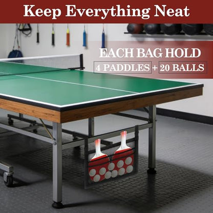 Klmnop 2 Pack Ping Pong Paddle Storage Bag with Mesh Organizer, Hanging Under Table Tennis Racket Holder for 4 Paddles and Balls, Sports Equipment, Easy Install with Straps