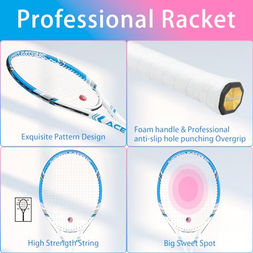 Pro Tennis Racket for Adults, 2 Player 27 inch Speed Tennis Racquet Acceptable for Beginner and Professional with 3 Tennis Balls, 2 Vibration Dampes, 2 Overgrips, Tennis Bag - color: Pink-Blue