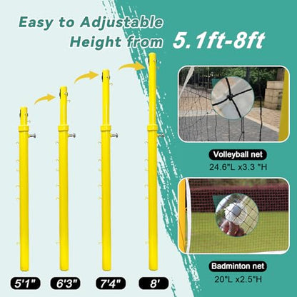 Volleyball Poles for Backyard,Adjustable Volleyball & Badminton Net Pole Set with Ground Inserted Steel Base,Professional Badminton Net Pole with Adjustable Height for Indoor Gym Outdoor Park School