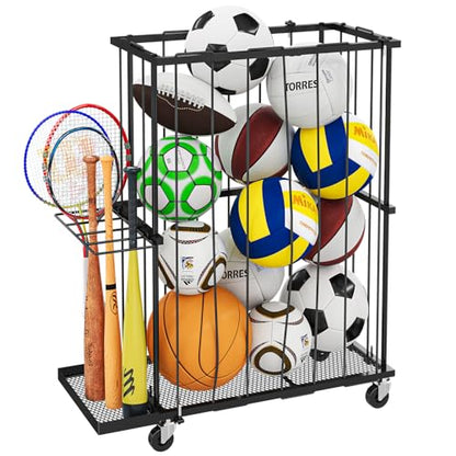 Garage Ball Storage With Baseball & Badminton Holder: Floor Sports Equipment Organizer, Sports Ball Rack With Elastic Rope, Ball Holder for Basketball, Soccer, Volleyball, Football, Garage, Gym, Black - size: Small, style: With Wheels And Bat Holder,Recta