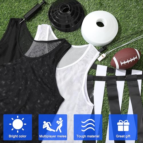 Wettarn 12 Player Football Flags and Belts Set Flag Football Set with Mesh Jersey Team Pinnies Cone Whistle Bag(White, Black)