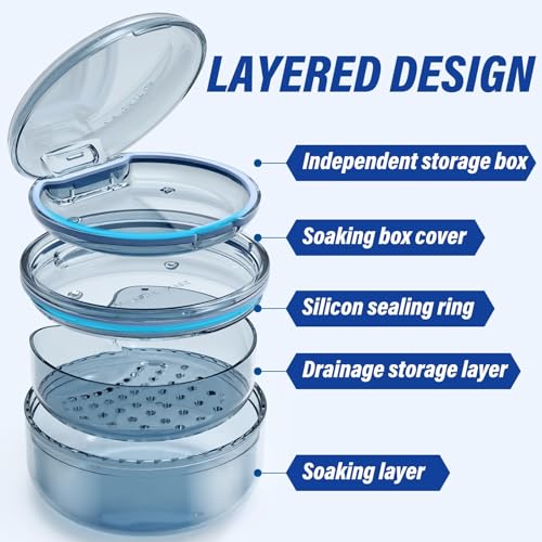 Denture Case Retainer Cleaning Case: 2 in 1 Retainer Case, No-Leak Denture Bath Box Cup, Complete Clean Care for Dentures, Clear Braces, Mouth Guard, Night Guard & Retainers - color: Blue