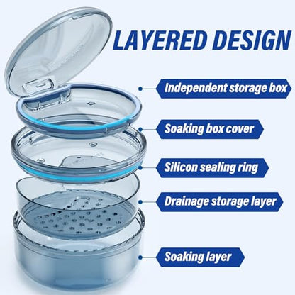 Denture Case Retainer Cleaning Case: 2 in 1 Retainer Case, No-Leak Denture Bath Box Cup, Complete Clean Care for Dentures, Clear Braces, Mouth Guard, Night Guard & Retainers - color: Blue