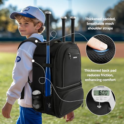 AUROTIER Rolling Baseball Backpack with Off-road Wheels, Wheeled Catchers Gear Bag for Baseball Equipment, 4 Bats, Large Softball Bag for TBall, Helmet & Accessories with Fence Hook - color: Black