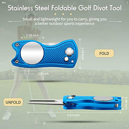 Skylety 4 Pcs Golf Divot Repair Tool Metal Foldable Golf Divot Tool with Magnetic Pop-up Button Ball Marker Stainless Steel Switchblade for Golfers Prizes - color: Red, Blue