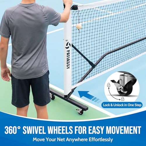 Portable Pickleball Net System with Wheels, 22FT Regulation Size Pickleball Net with Court Lines and 8 Sandbags for Outdoor Driveway, Mobile Pickle Ball Set with Carry Bag, Steady Steel Frame