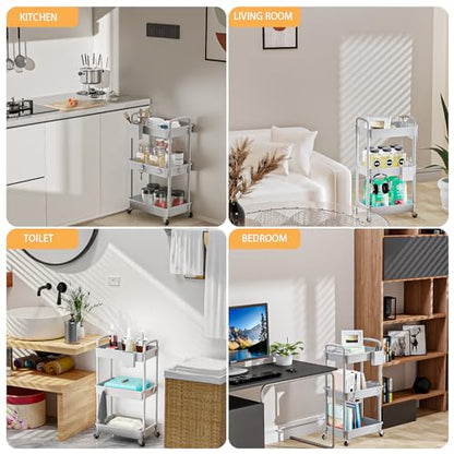 3 Tier Rolling Utility Cart with Handle,REBECAT Utility Cart Made of Multifunctional Storage Organizer Tool for Kitchen,Bathroom,Living Room,Office(Gray) - color: Gery
